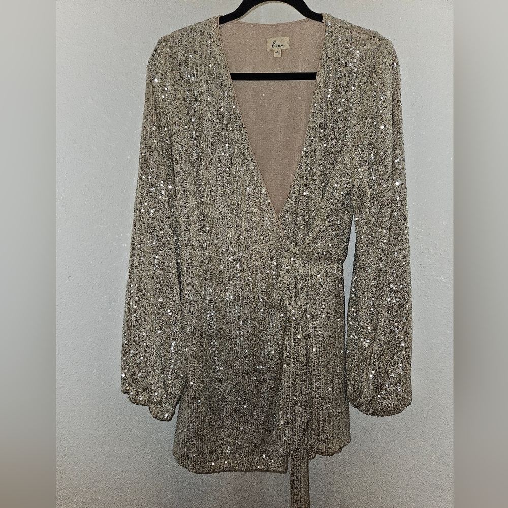 Lena Long-Sleeve Gold Wrap Sequin Romper | Size Large
